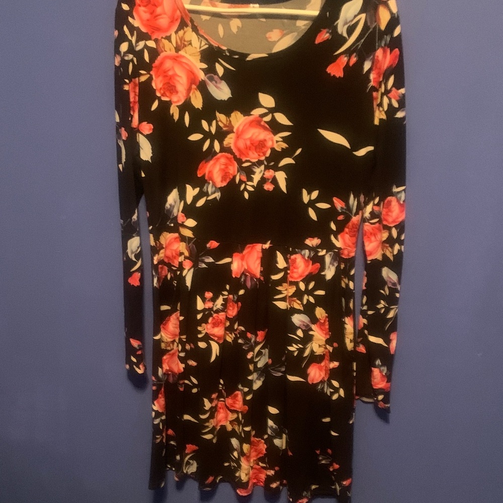Floral Long-Sleeve Skater Dress - Black with Pink Roses